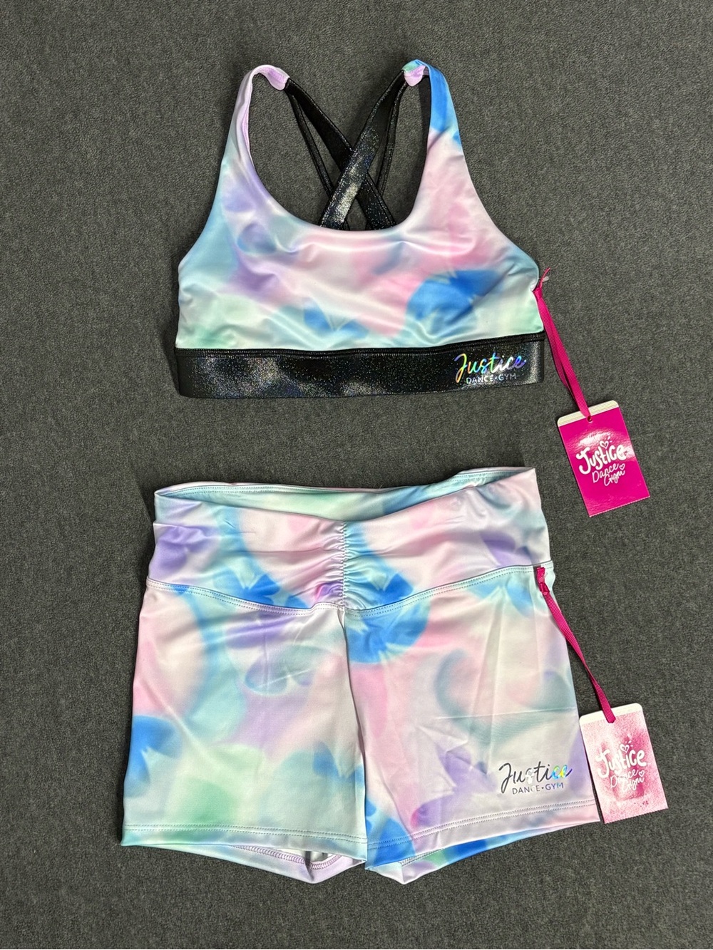 🆕 Justice Girls Dance Gym Sports Active Shorts & Bra 2 Pc Set SIZE L(12/14)